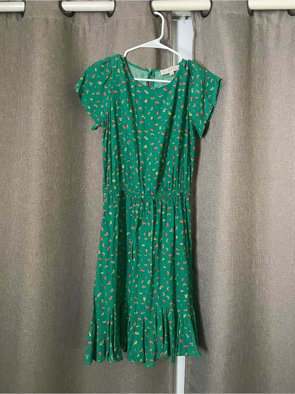 LOFT Green Floral Tie-Waist Midi Dress with Yellow Accents